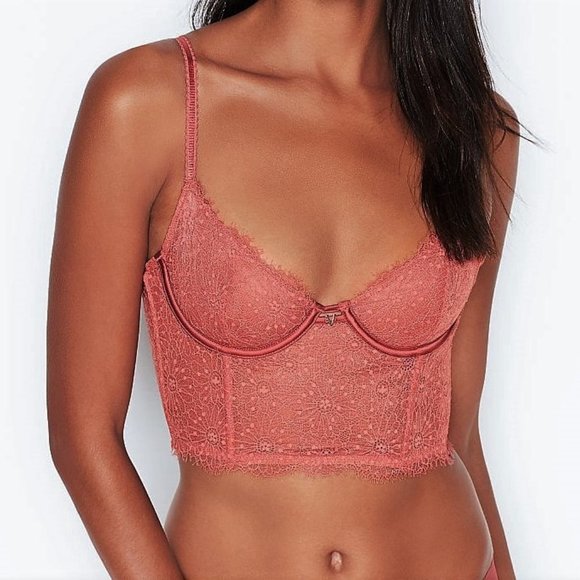 38C/L VICTORIA SECRET Unlined Long Line Bra Top Set Bustier V-String panty lace - Picture 3 of 11